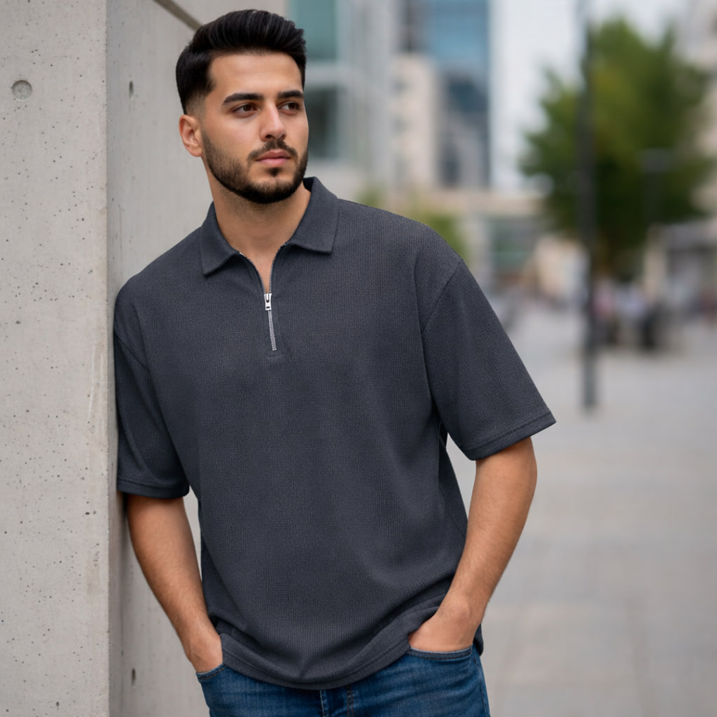 تیشرت مردانه یقه زیپ دار طوسی تیره مدل Arban-طوسی تیره