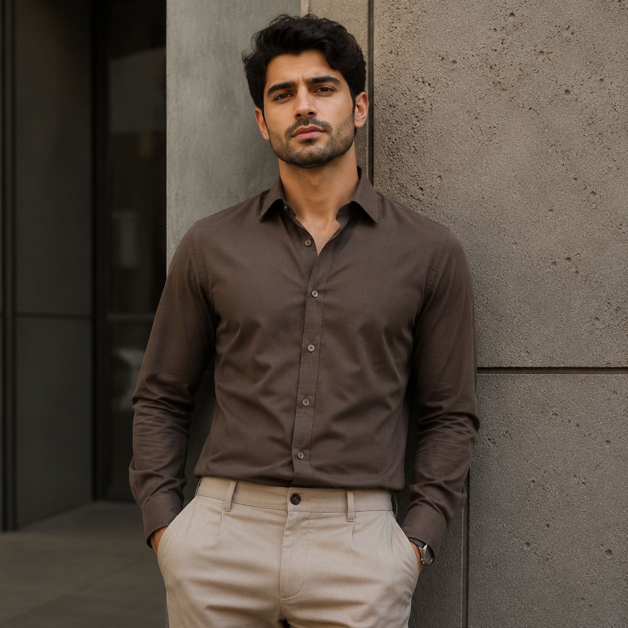 پیراهن آستین بلند نخی مدل P790-قهوه ای
