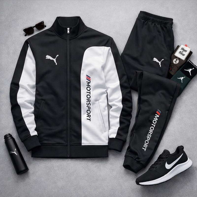 ست سوییشرت شلوار مردانه مشکی مدل MotorSport کفش ورزشی مردانه Nike مدل Tigo زیره سفید