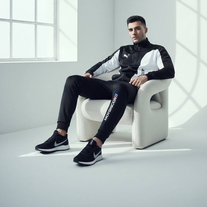 ست سوییشرت شلوار مردانه مشکی مدل MotorSport کفش ورزشی مردانه Nike مدل Tigo زیره سفید