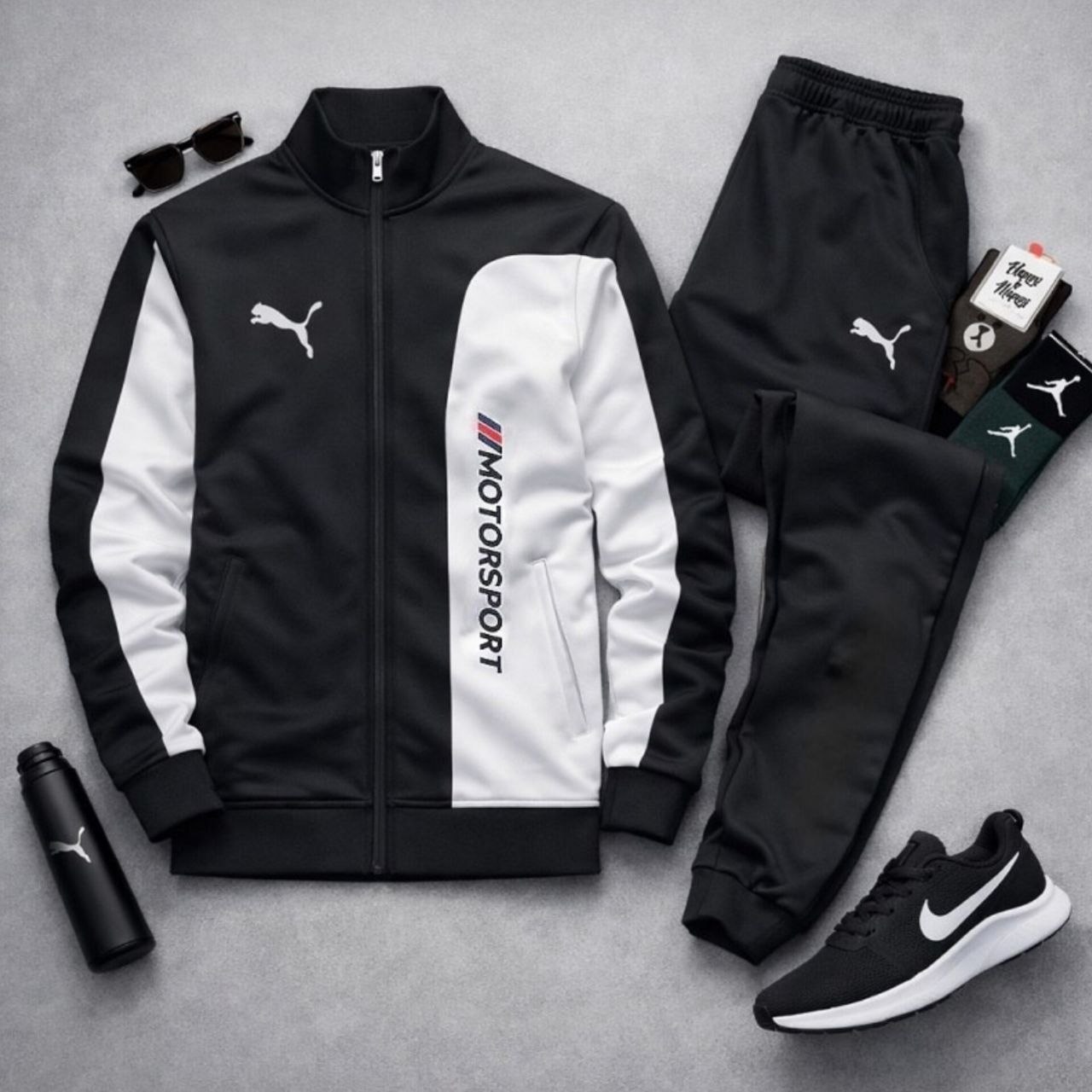 ست سوییشرت شلوار مردانه مشکی مدل MotorSport کفش ورزشی مردانه Nike مدل Tigo زیره سفید