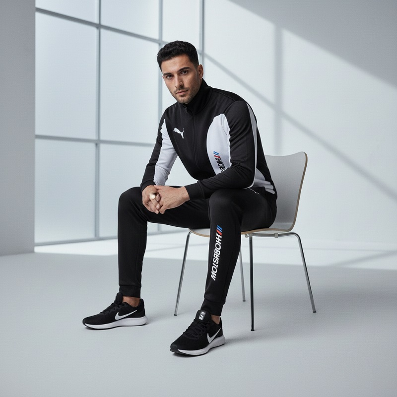 ست سوییشرت شلوار مردانه مشکی مدل MotorSport کفش ورزشی مردانه Nike مدل Tigo زیره سفید