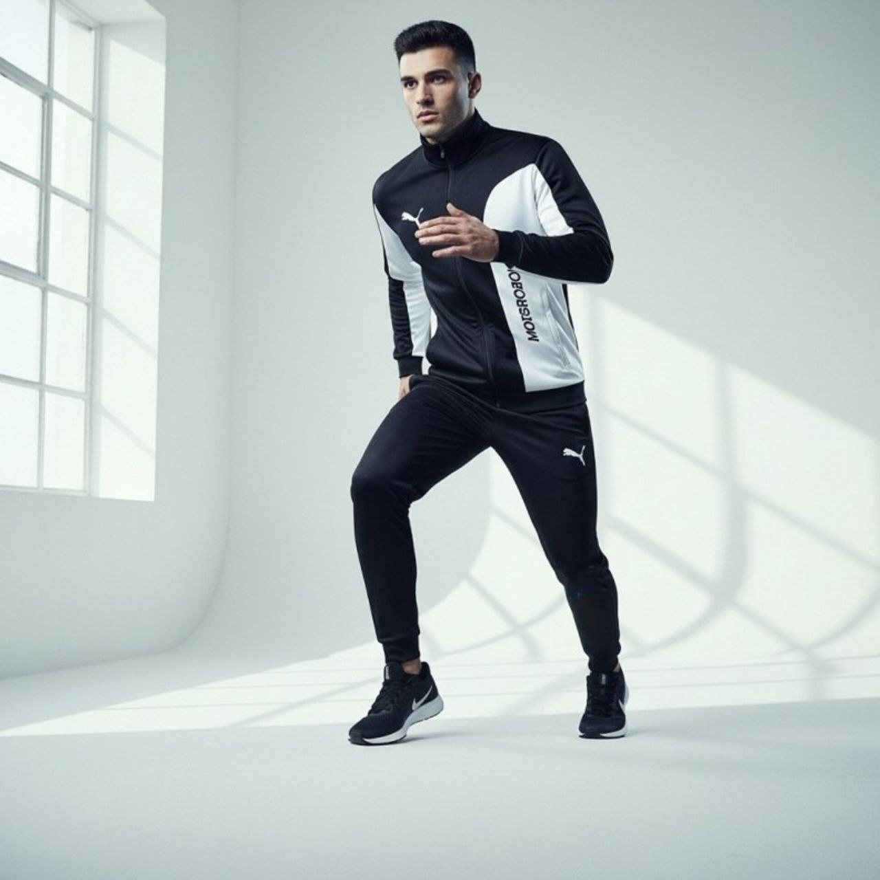 ست سوییشرت شلوار مردانه مشکی مدل MotorSport کفش ورزشی مردانه Nike مدل Tigo زیره سفید