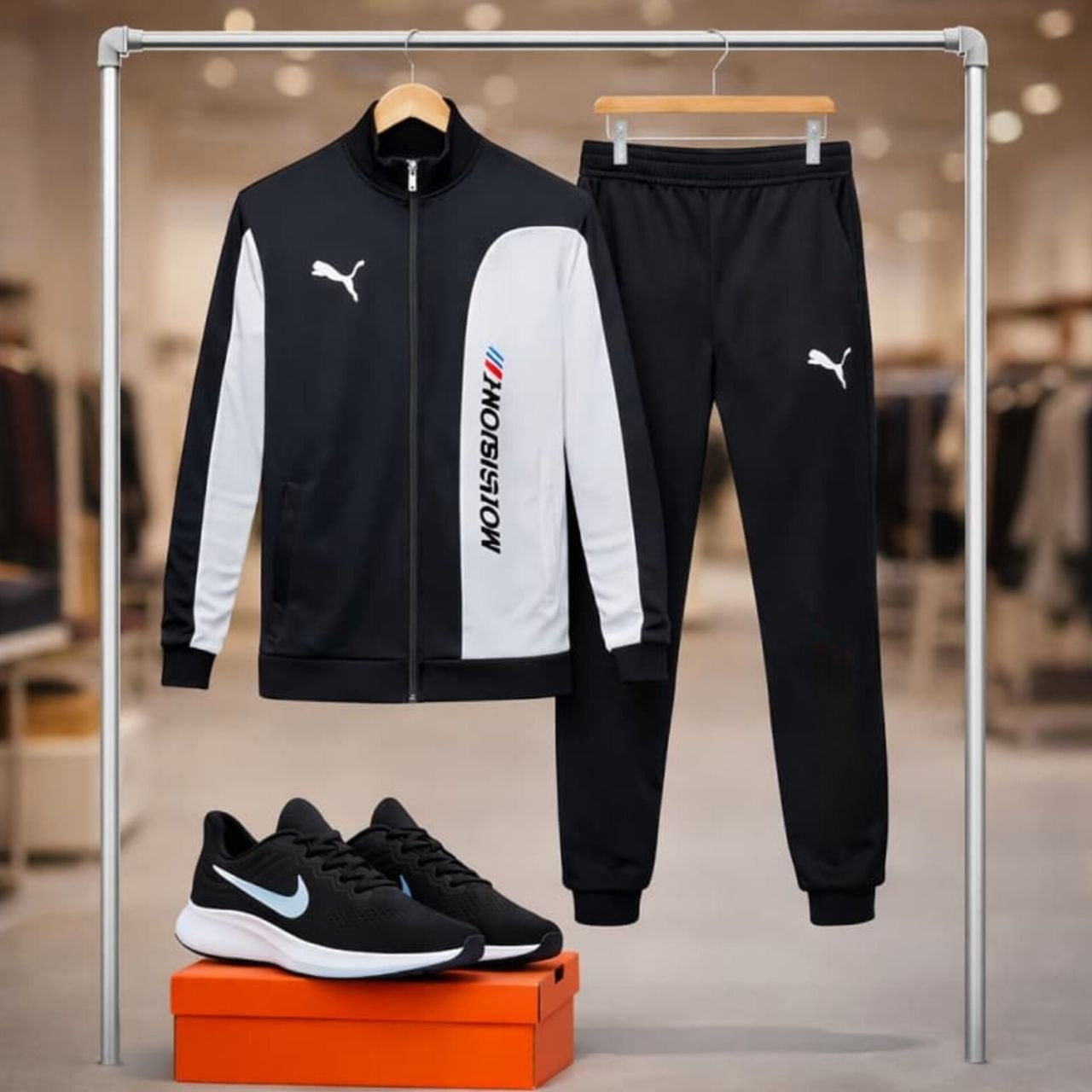 ست سوییشرت شلوار مردانه مشکی مدل MotorSport کفش ورزشی مردانه Nike مدل Tigo زیره سفید