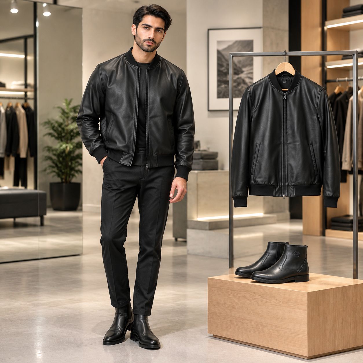 پکیج کت چرم مردانه مدل Artim  نیم بوت مردانه مشکی مدل Radvin